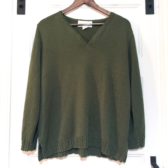Vtg Sara Valentino Womens XL Knit Sweater Olive Green V Neck Pullover Boxy Italy - Picture 1 of 8